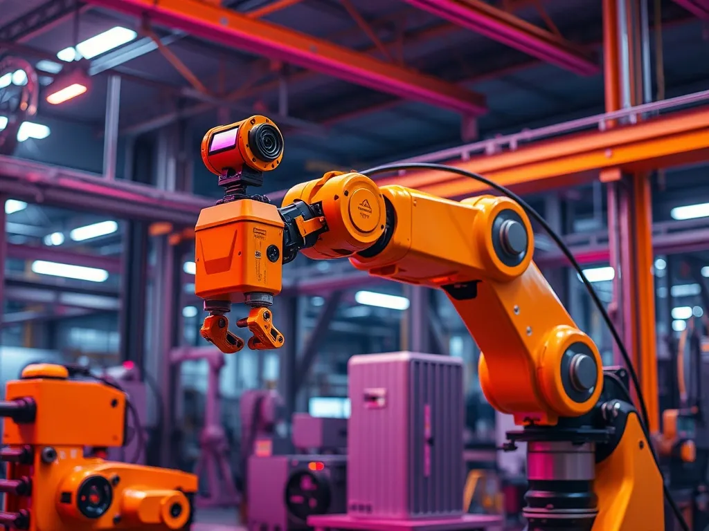 Industrial robotic arm in a modern factory setting, orange a