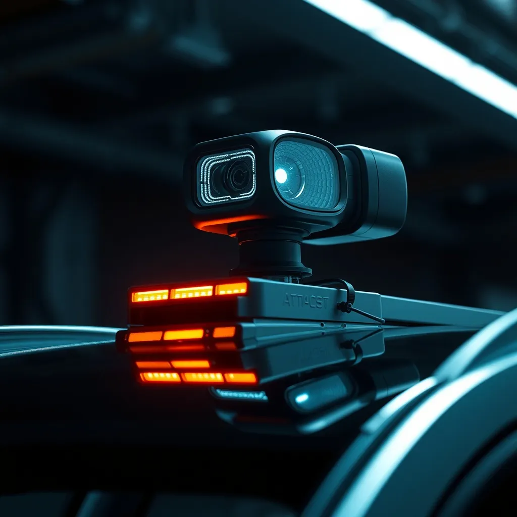 A high-tech close up of autonomous car sensors and lidar mou