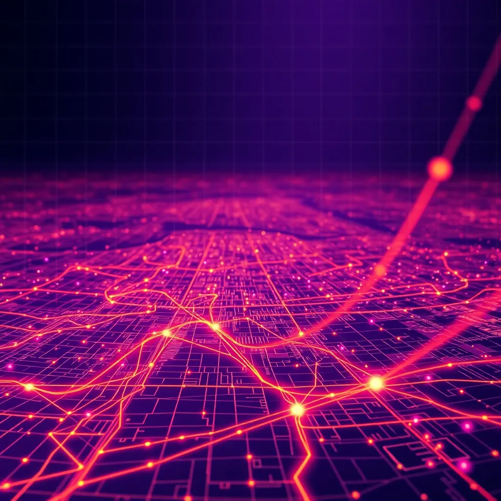 Abstract digital flow of data points over a blueprint of a c