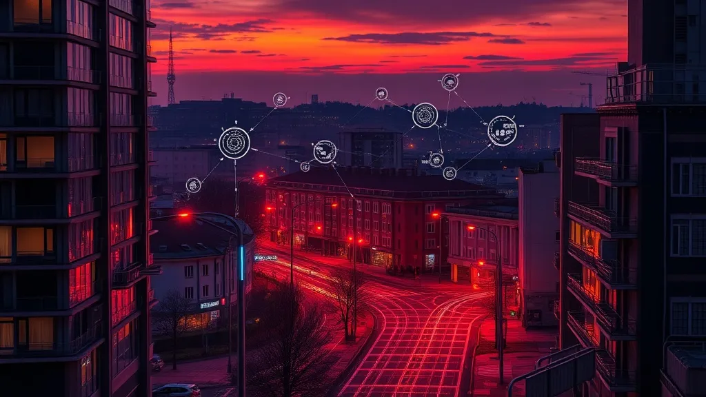A high-tech urban landscape with digital grid overlays, smar